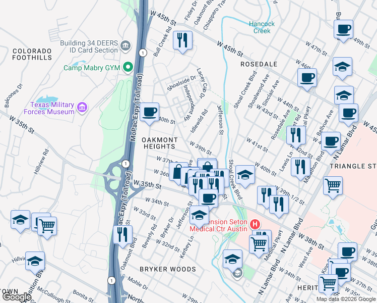 map of restaurants, bars, coffee shops, grocery stores, and more near 3710 Lawton Avenue in Austin