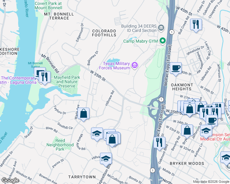 map of restaurants, bars, coffee shops, grocery stores, and more near 3407 Hillview Road in Austin