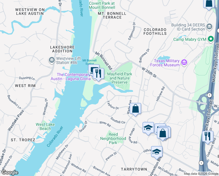 map of restaurants, bars, coffee shops, grocery stores, and more near 3702 Meadowbank Drive in Austin