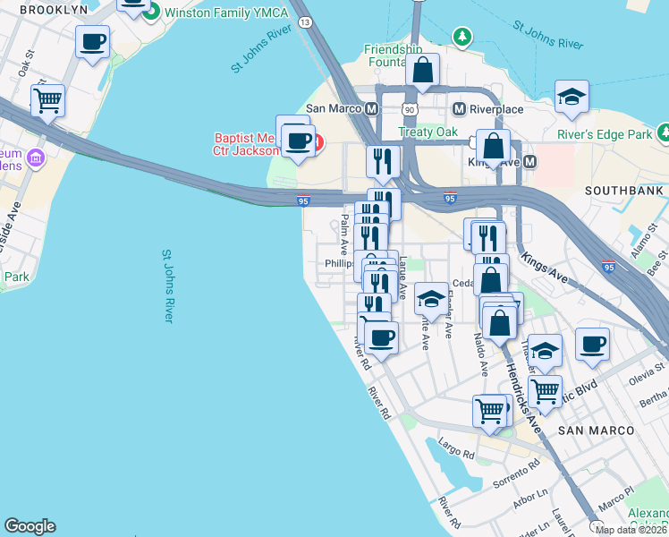 map of restaurants, bars, coffee shops, grocery stores, and more near 830 Phillips Street in Jacksonville