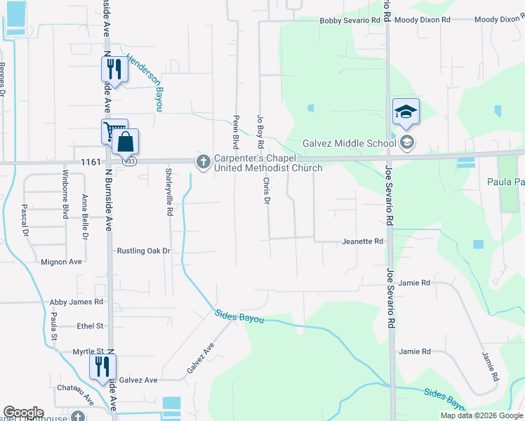 map of restaurants, bars, coffee shops, grocery stores, and more near 16468 Blaise Road in Prairieville