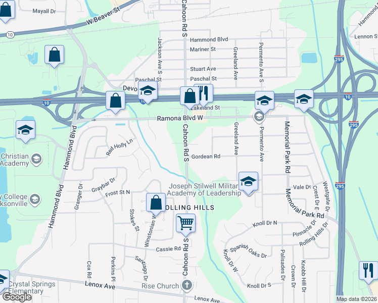 map of restaurants, bars, coffee shops, grocery stores, and more near 787 Cahoon Road South in Jacksonville