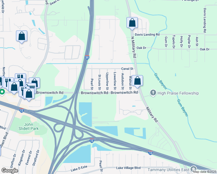 map of restaurants, bars, coffee shops, grocery stores, and more near 1174 Brownswitch Road in Slidell