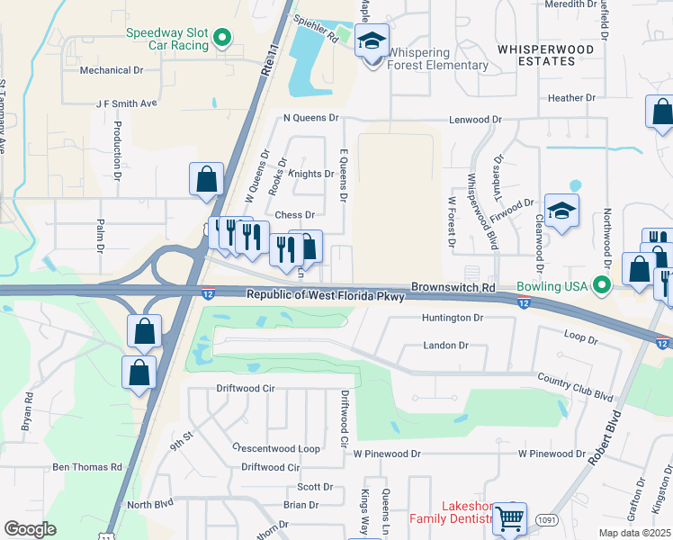 map of restaurants, bars, coffee shops, grocery stores, and more near 250 Brownswitch Road in Slidell