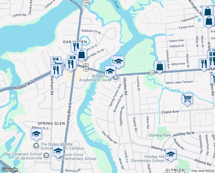 map of restaurants, bars, coffee shops, grocery stores, and more near 6255 Pottsburg Plantation Boulevard in Jacksonville