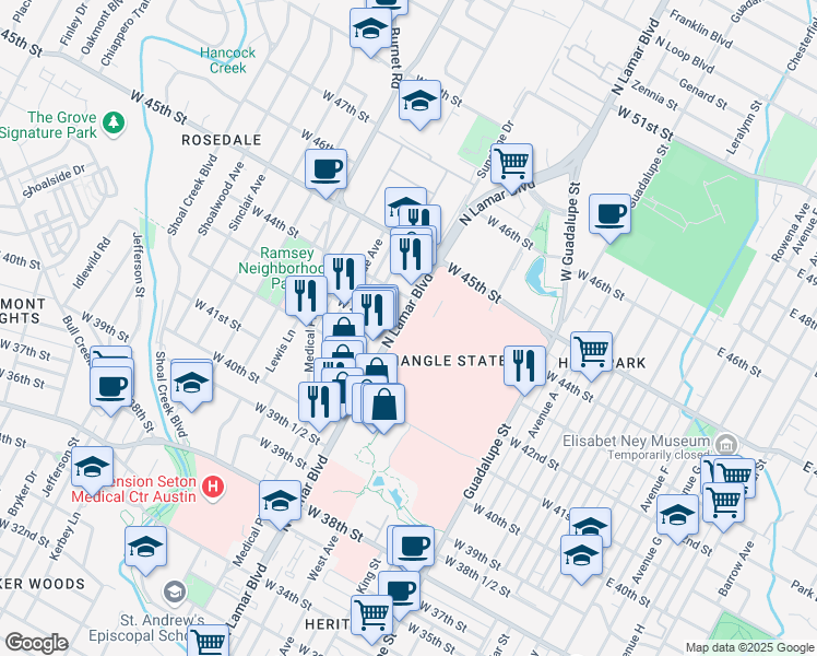 map of restaurants, bars, coffee shops, grocery stores, and more near 4327 North Lamar Boulevard in Austin