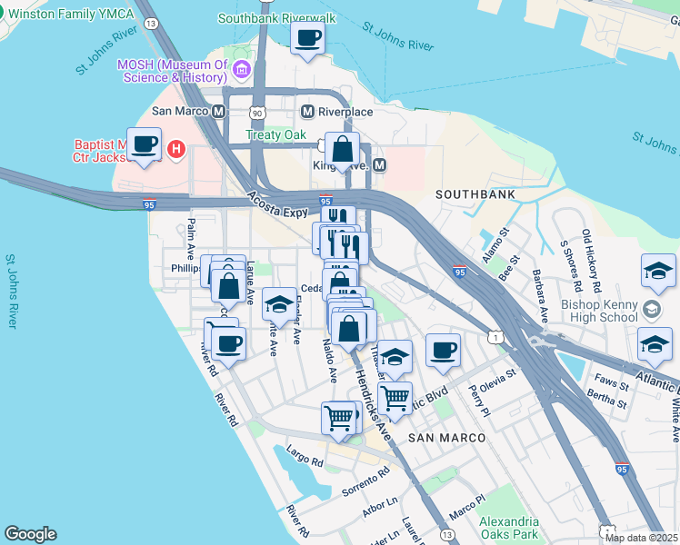 map of restaurants, bars, coffee shops, grocery stores, and more near 1414 Cedar Street in Jacksonville