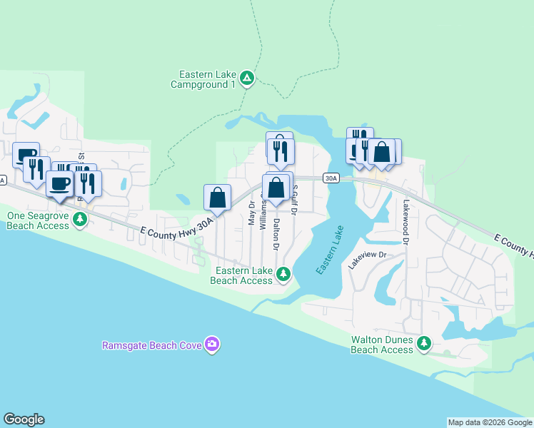 map of restaurants, bars, coffee shops, grocery stores, and more near 121 Dalton Drive in Santa Rosa Beach