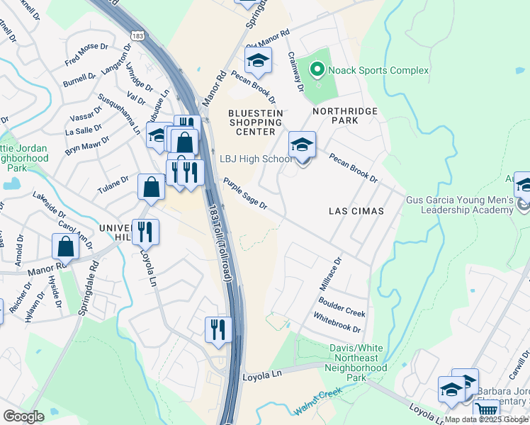 map of restaurants, bars, coffee shops, grocery stores, and more near 5207 Purple Sage Drive in Austin