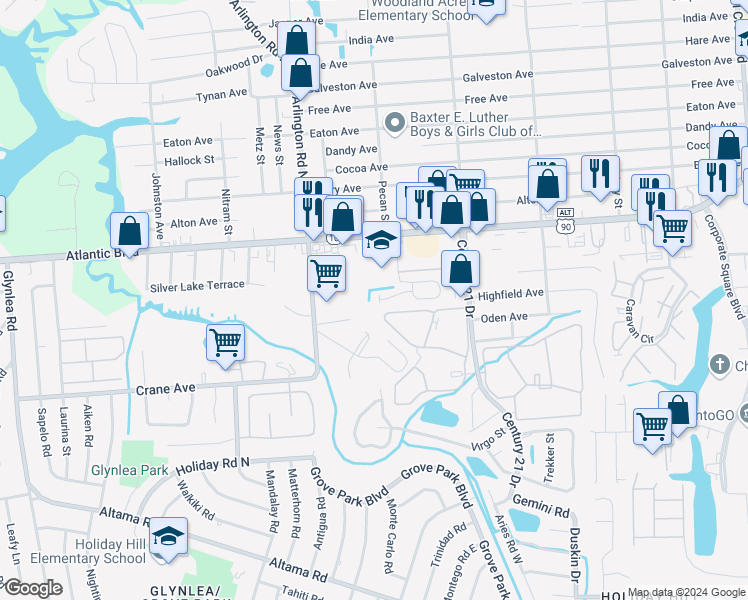 map of restaurants, bars, coffee shops, grocery stores, and more near 114 Cherry Tree Court in Jacksonville