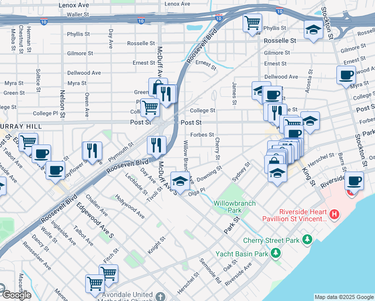 map of restaurants, bars, coffee shops, grocery stores, and more near 2934 Selma Street in Jacksonville