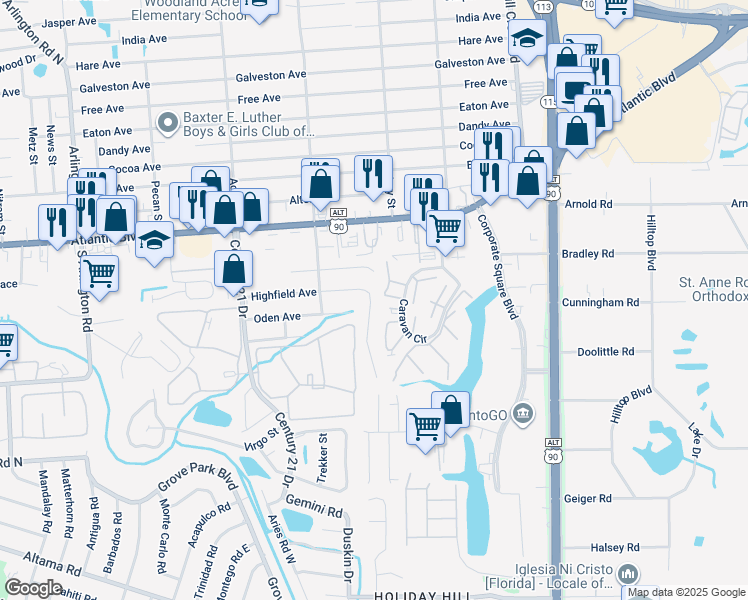map of restaurants, bars, coffee shops, grocery stores, and more near 8505 Highfield Avenue in Jacksonville