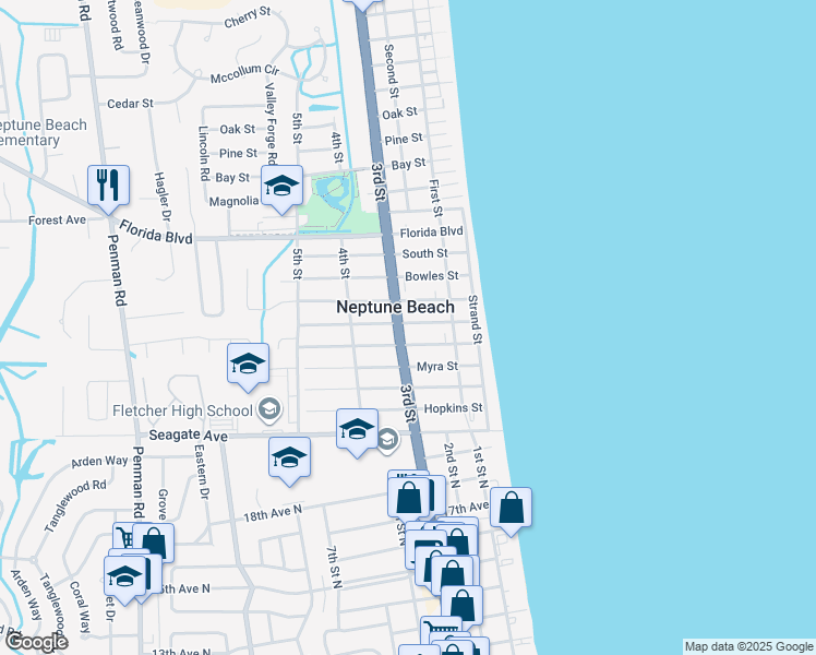 map of restaurants, bars, coffee shops, grocery stores, and more near 237 Oleander Street in Neptune Beach