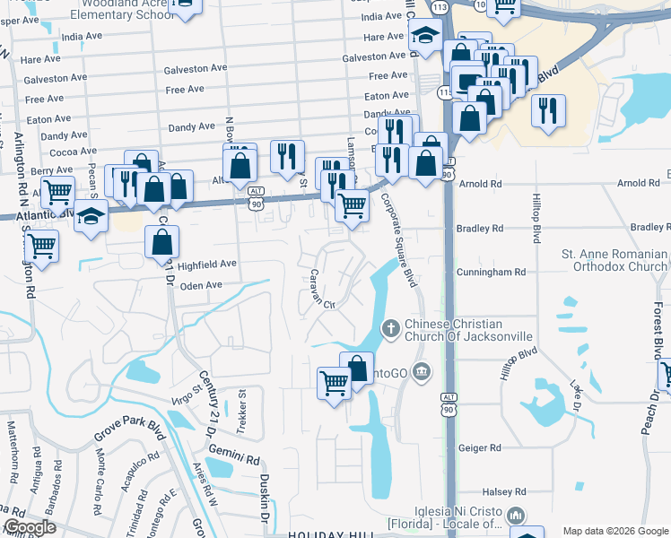 map of restaurants, bars, coffee shops, grocery stores, and more near 304 Sahara Court South in Jacksonville