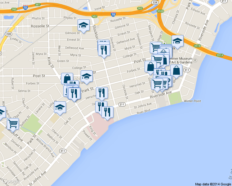 map of restaurants, bars, coffee shops, grocery stores, and more near 2338 Oak Street in Jacksonville