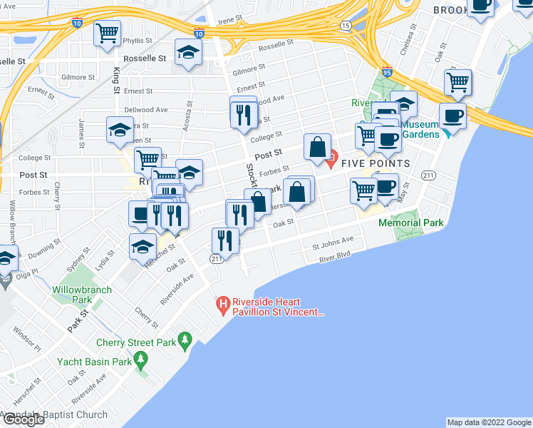 map of restaurants, bars, coffee shops, grocery stores, and more near 2515 Oak Street in Jacksonville