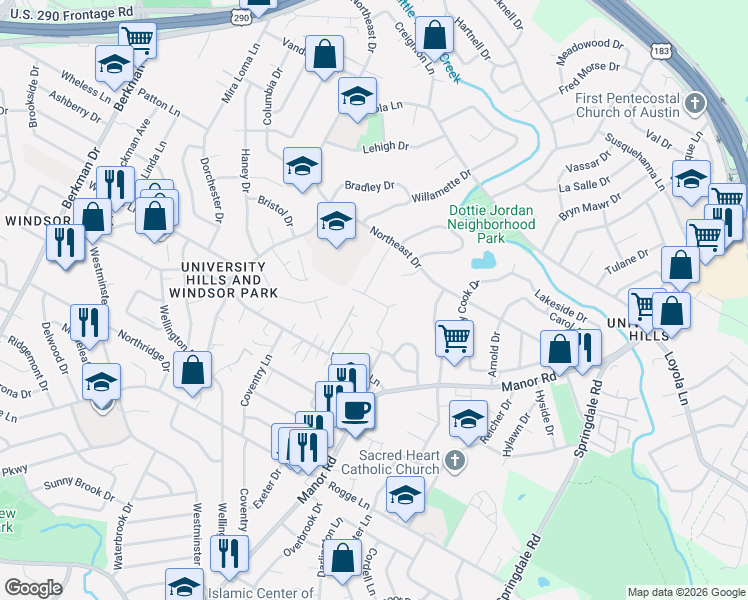 map of restaurants, bars, coffee shops, grocery stores, and more near 2749 Bristol Drive in Austin