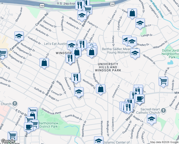 map of restaurants, bars, coffee shops, grocery stores, and more near 3 Cheshire Drive in Austin