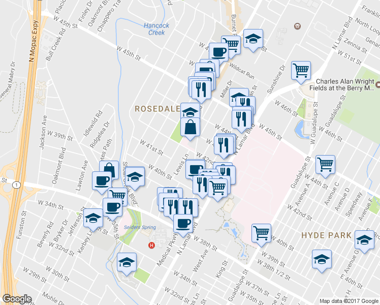 map of restaurants, bars, coffee shops, grocery stores, and more near in Austin