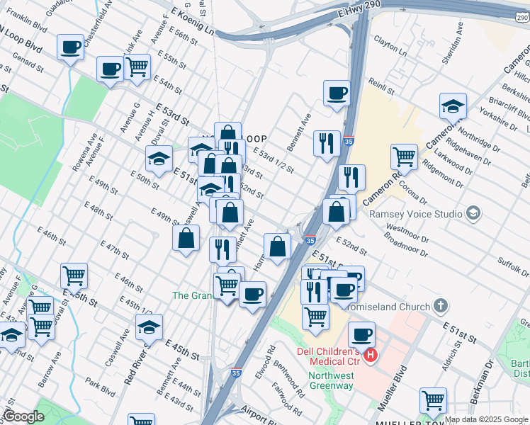 map of restaurants, bars, coffee shops, grocery stores, and more near 924 East 51st Street in Austin