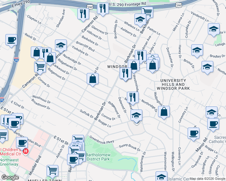 map of restaurants, bars, coffee shops, grocery stores, and more near 5607 Berkman Drive in Austin