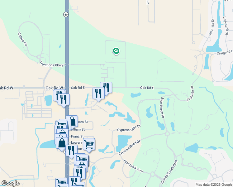 map of restaurants, bars, coffee shops, grocery stores, and more near 20050 Oak Road East in Gulf Shores