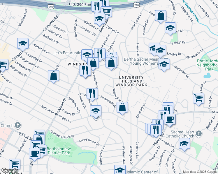 map of restaurants, bars, coffee shops, grocery stores, and more near 3 Cheshire Drive in Austin