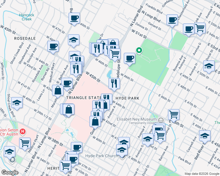 map of restaurants, bars, coffee shops, grocery stores, and more near 610 West 45th Street in Austin