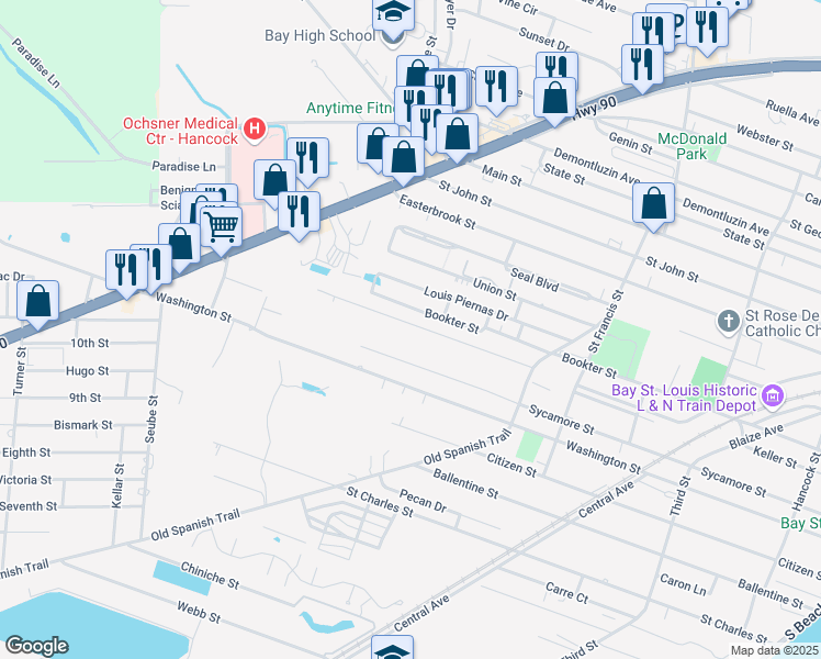map of restaurants, bars, coffee shops, grocery stores, and more near 656 Keller Street in Bay Saint Louis