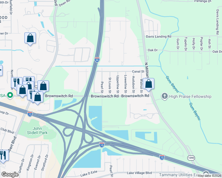 map of restaurants, bars, coffee shops, grocery stores, and more near 1174 Brownswitch Road in Slidell