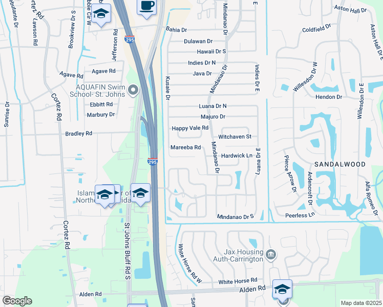 map of restaurants, bars, coffee shops, grocery stores, and more near 10831 Mareeba Road in Jacksonville