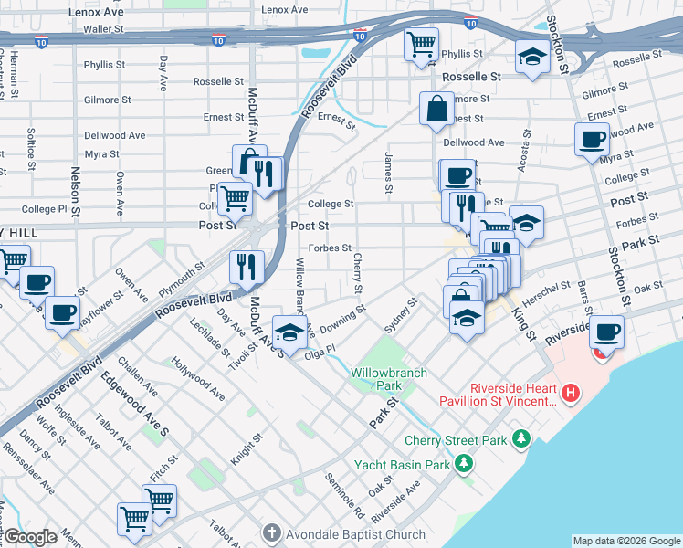 map of restaurants, bars, coffee shops, grocery stores, and more near 2880 Selma Street in Jacksonville