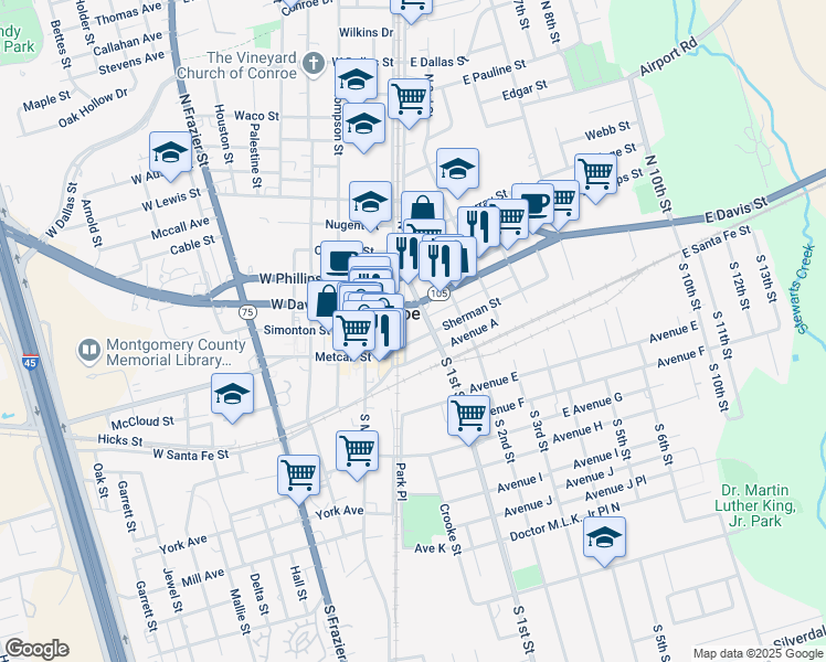 map of restaurants, bars, coffee shops, grocery stores, and more near in Conroe