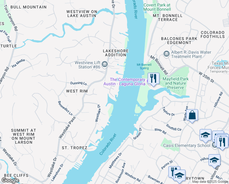 map of restaurants, bars, coffee shops, grocery stores, and more near 2921 Westlake Cove in Austin