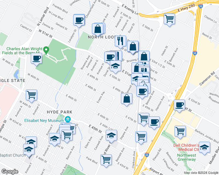 map of restaurants, bars, coffee shops, grocery stores, and more near 515 East 49th Street in Austin