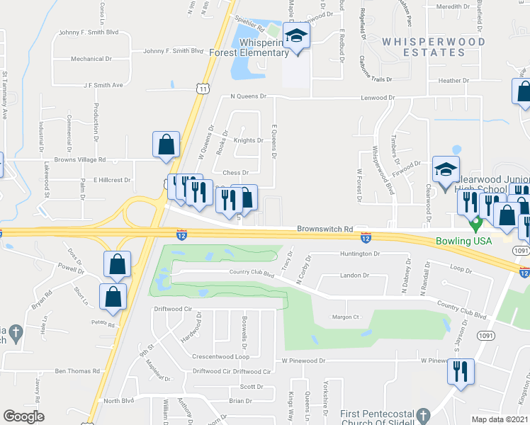 map of restaurants, bars, coffee shops, grocery stores, and more near Chateau De Way in Slidell