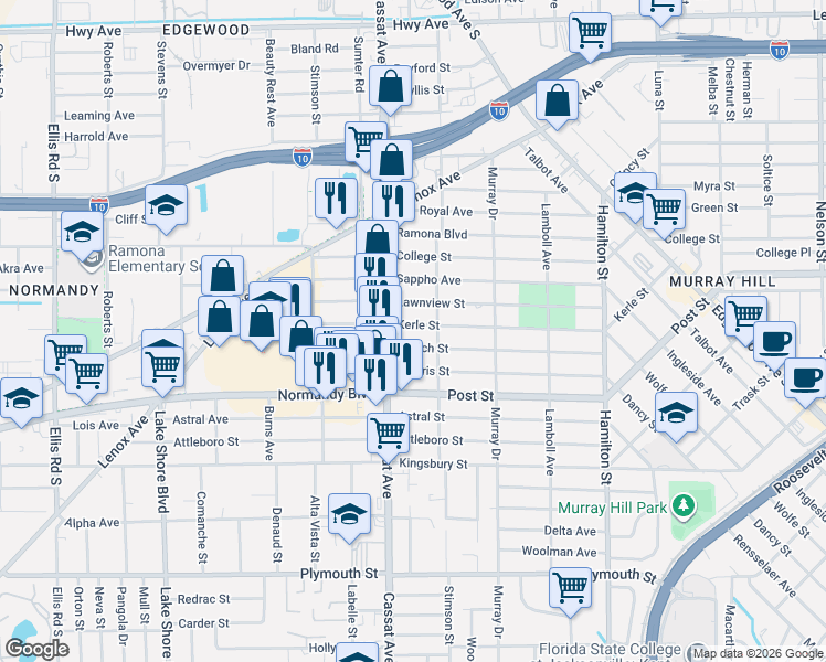 map of restaurants, bars, coffee shops, grocery stores, and more near 4808 Lawnview Street in Jacksonville