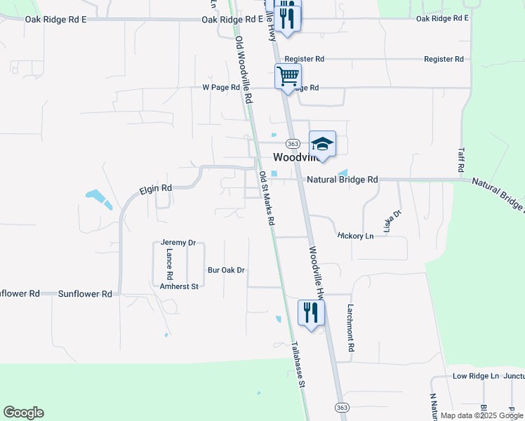 map of restaurants, bars, coffee shops, grocery stores, and more near 9444 Old Woodville Road in Tallahassee