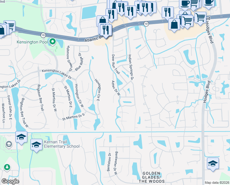 map of restaurants, bars, coffee shops, grocery stores, and more near 2171 Aztec Drive North in Jacksonville