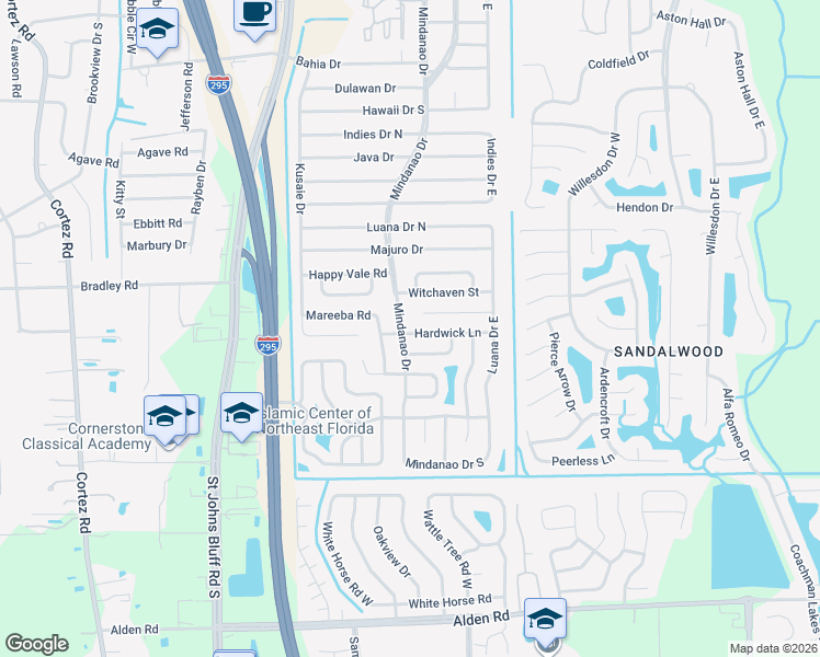 map of restaurants, bars, coffee shops, grocery stores, and more near 2166 Mindanao Drive in Jacksonville