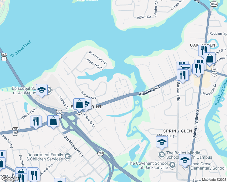 map of restaurants, bars, coffee shops, grocery stores, and more near 5051 Atlantic Boulevard in Jacksonville