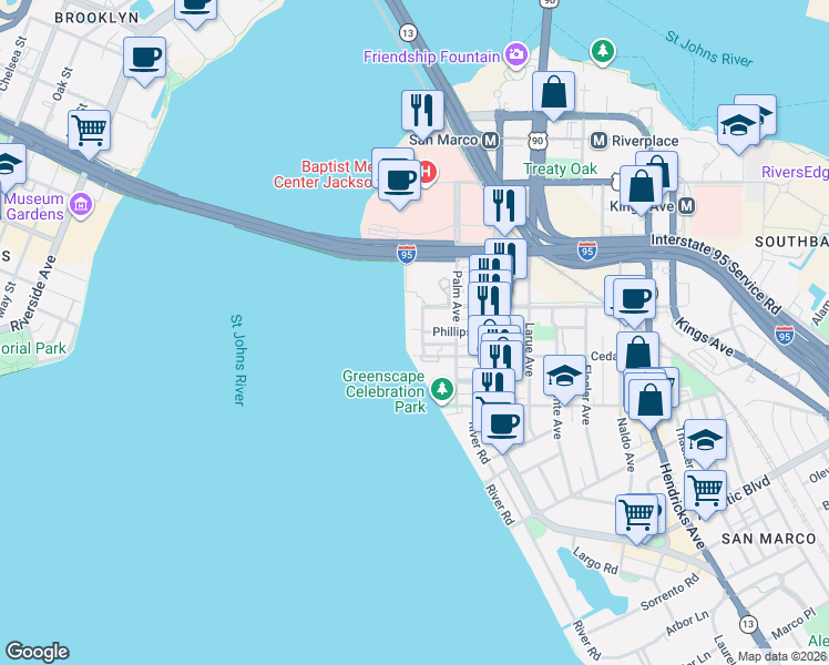 map of restaurants, bars, coffee shops, grocery stores, and more near 1400 Le Baron Avenue in Jacksonville