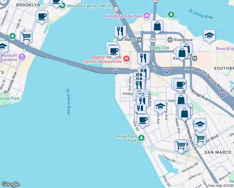 map of restaurants, bars, coffee shops, grocery stores, and more near 1400 Le Baron Avenue in Jacksonville