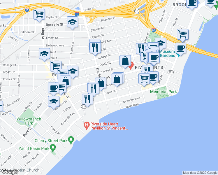 map of restaurants, bars, coffee shops, grocery stores, and more near 2317 Herschel Street in Jacksonville