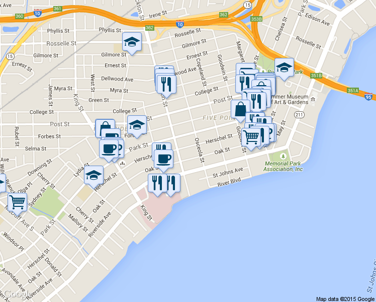 map of restaurants, bars, coffee shops, grocery stores, and more near 2317 Herschel Street in Jacksonville