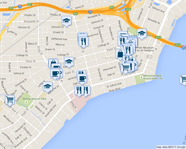 map of restaurants, bars, coffee shops, grocery stores, and more near 2317 Herschel Street in Jacksonville