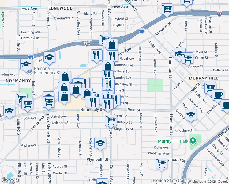 map of restaurants, bars, coffee shops, grocery stores, and more near 865 Cassat Avenue in Jacksonville