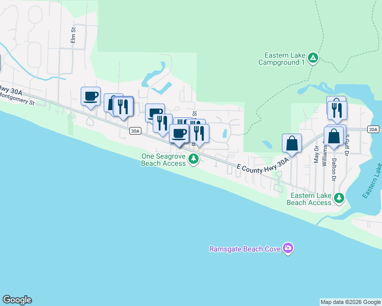 map of restaurants, bars, coffee shops, grocery stores, and more near 36 Palmeira Way in Santa Rosa Beach