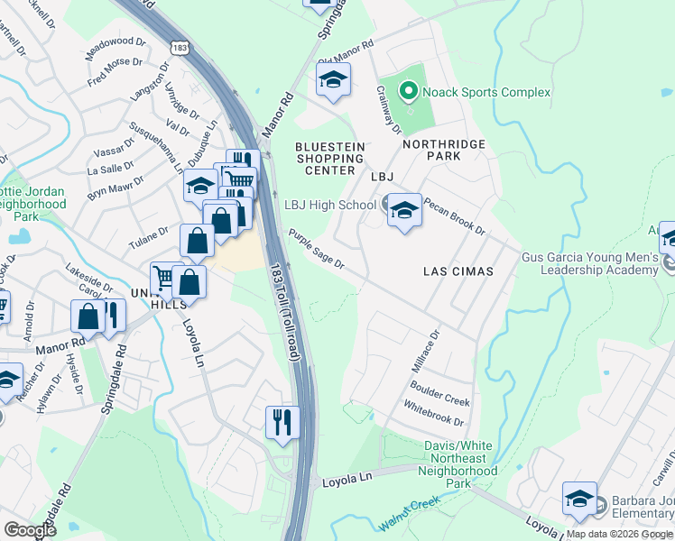 map of restaurants, bars, coffee shops, grocery stores, and more near 5203A Raton Pass in Austin