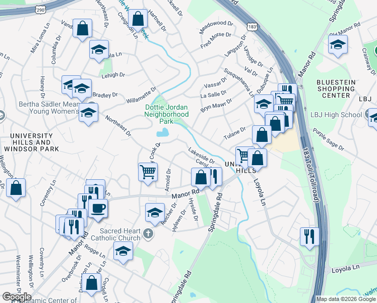 map of restaurants, bars, coffee shops, grocery stores, and more near 3002 Lakeside Drive in Austin